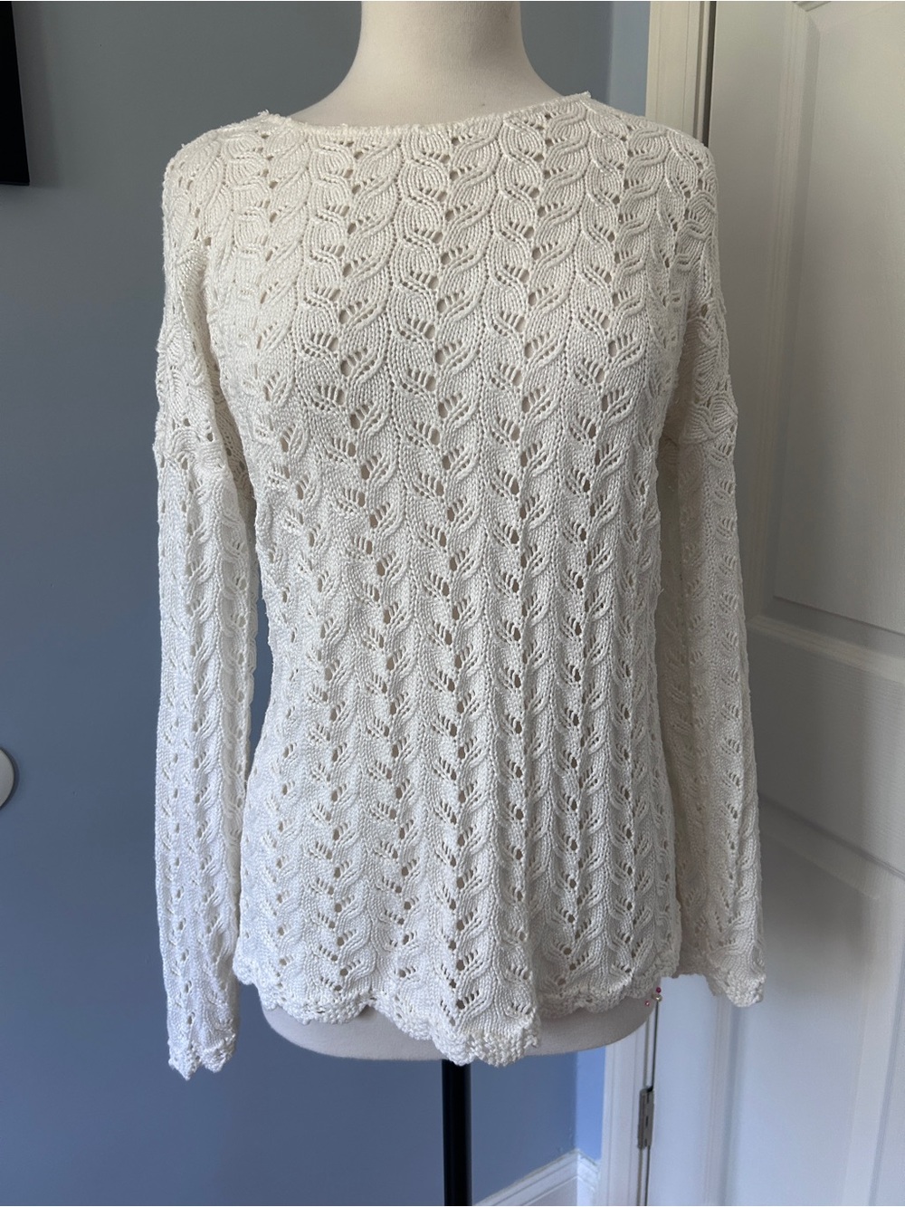 Women's Cream Openwork Crewneck Sweater - Lightweight Knit